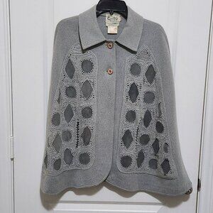 Vtg 60s Coltalia Women's 8 Wool Blend Cape Leather Patches Crocheted In Gray